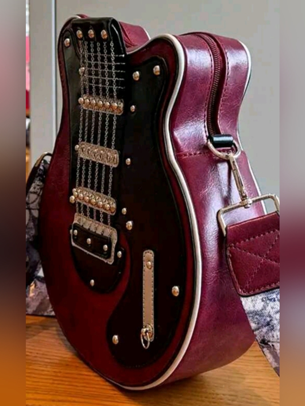 Guitar-Shaped Crossbody Bag in Deep Burgundy, Novelty Bags
